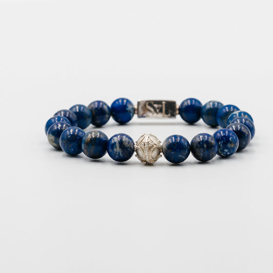 Royal Lapis lazuli bracelet for men with deep blue stone and gold pyrite flecks
