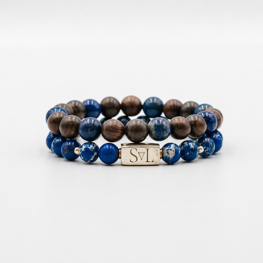 Ocean Drift Stack – Blue Sea Sediment and Wood mens bracelet stack | Stone N Luxe