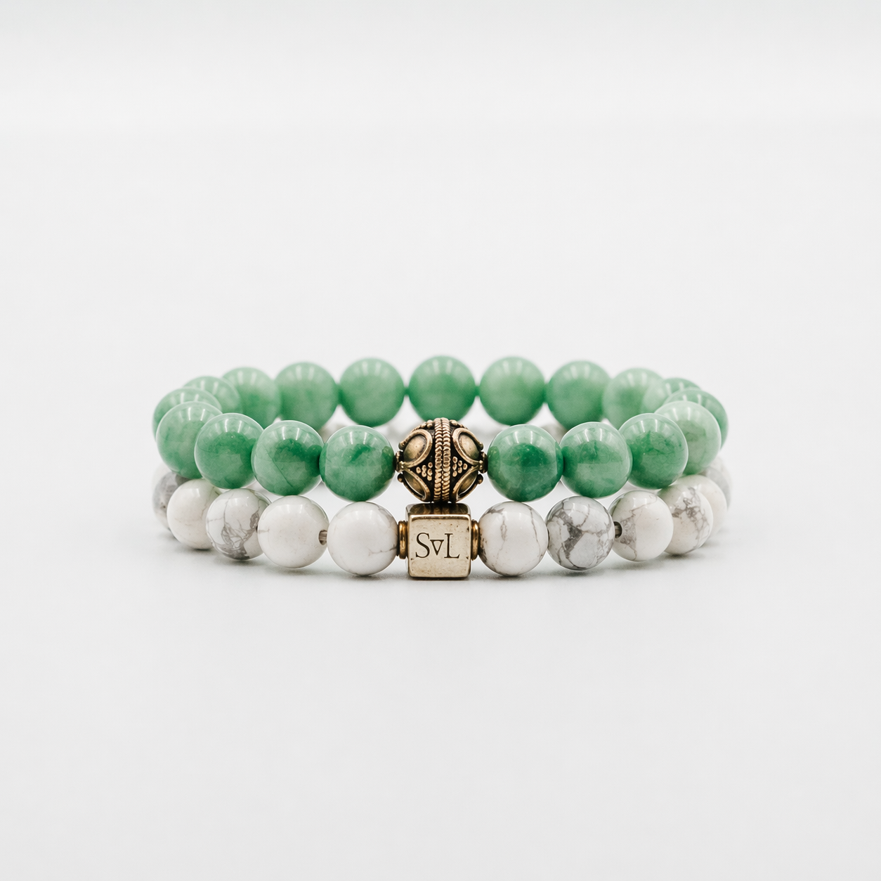 Clarity and Luck Stack – Howlite and Green Jade mens bracelet stack | Stone N Luxe