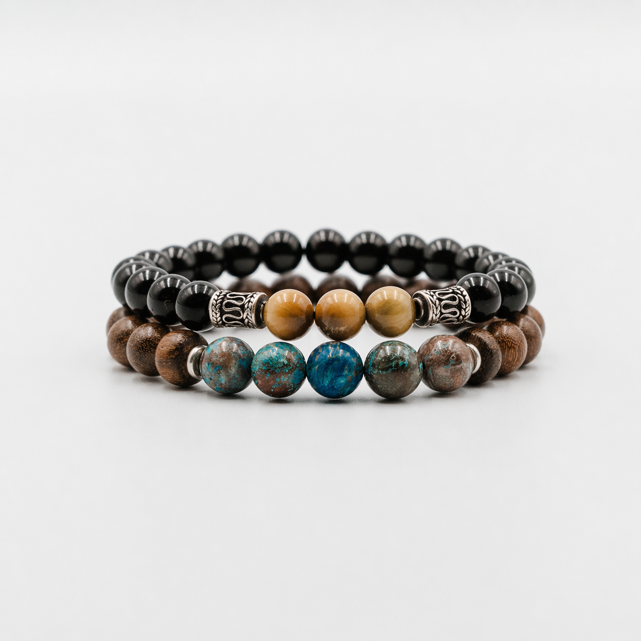 Deep Earth Set – Azurite Wood and Black Onyx mens bracelet stack | Stone N Luxe
