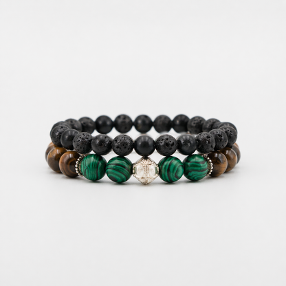 The Grounded Growth Stack – Malachite Tiger Eye and Lava Stone mens bracelet stack | Stone N Luxe