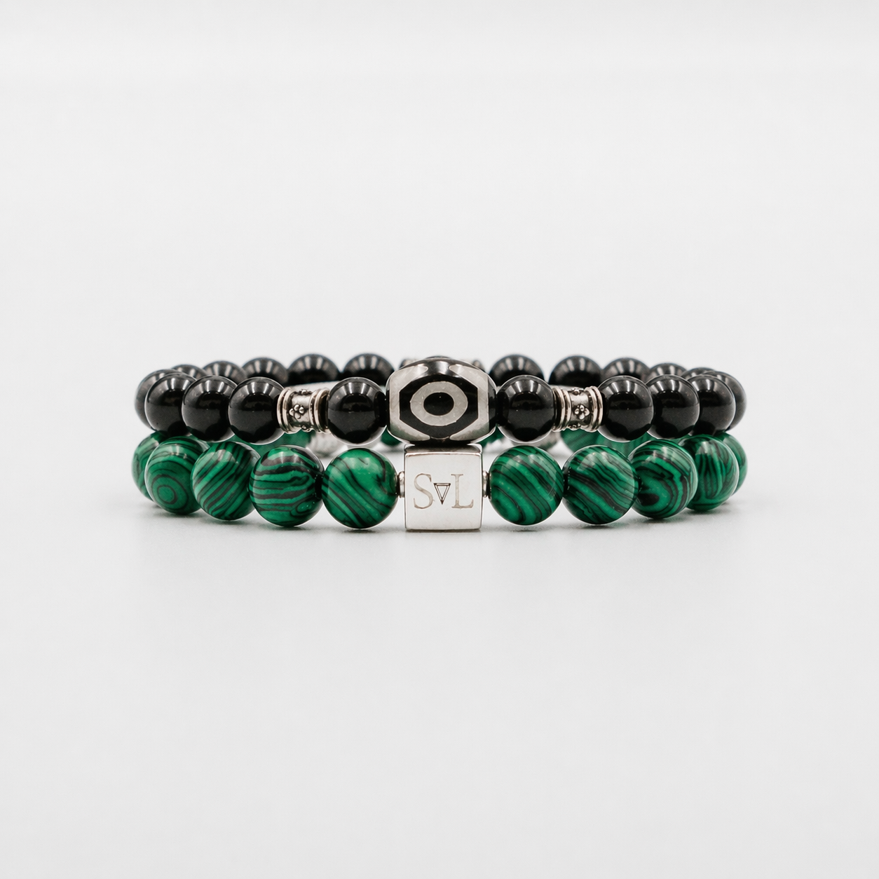Veridian Velvet Set – Malachite Black Onyx and Dzi Stone mens bracelet stack | Stone N Luxe