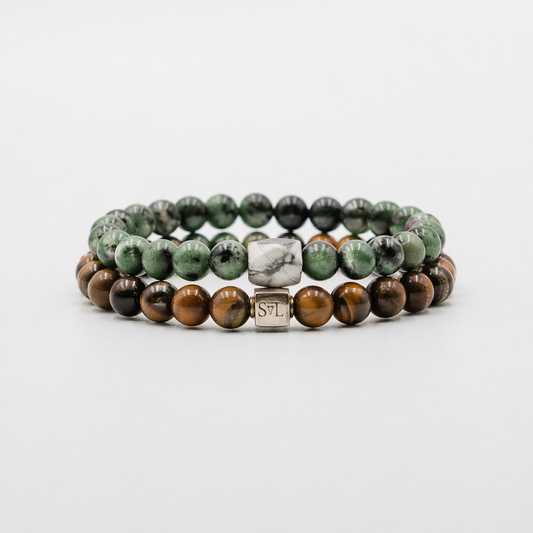 Genesis of Courage Stack – Tiger Eye and Ruby Zoisite mens bracelet stack | Stone N Luxe