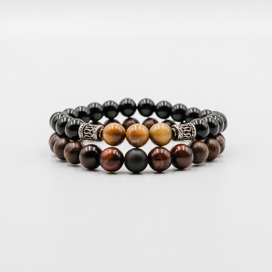 Tectonic Tempo Set – Black Onyx Tiger Eye and Wood mens bracelet stack | Stone N Luxe