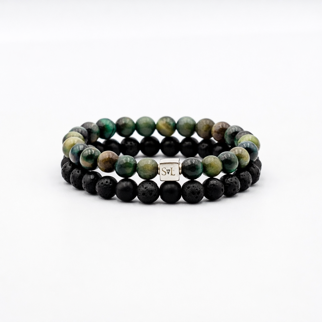 The Grounded Vision Stack – Green Tiger Eye Black Onyx and Lava Stone mens bracelet stack | Stone N Luxe