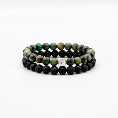 The Grounded Vision Stack – Green Tiger Eye Black Onyx and Lava Stone mens bracelet stack | Stone N Luxe